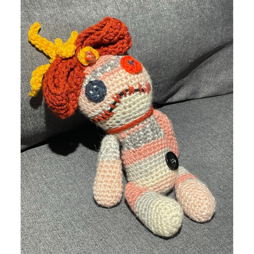 Handmade Crochet Creepy Cute Rag Doll Amigurumi OOAK Button Eye Folk Art Stuffy